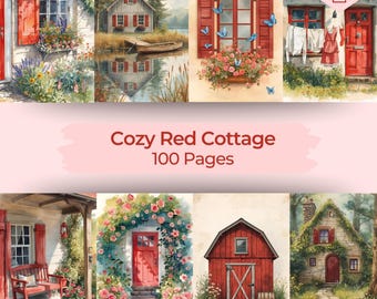 Farmhouse Junk Journal Kit, Red Cottage Ephemera, Rustic Country Printable Scrapbook Pages (Digital Download)