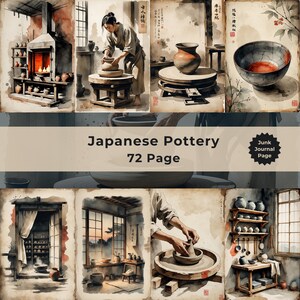 Può includere: Un collage di immagini raffiguranti ceramiche giapponesi. Le scene includono un vasaio al lavoro, torni, forni e pezzi di ceramica finiti. Il testo "Japanese Pottery 72 Page" è visualizzato su uno striscione al centro delle immagini.