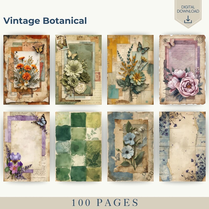Vintage Botanical Junk Journal Kit, Rustic Floral Ephemera, 100 Pages ...