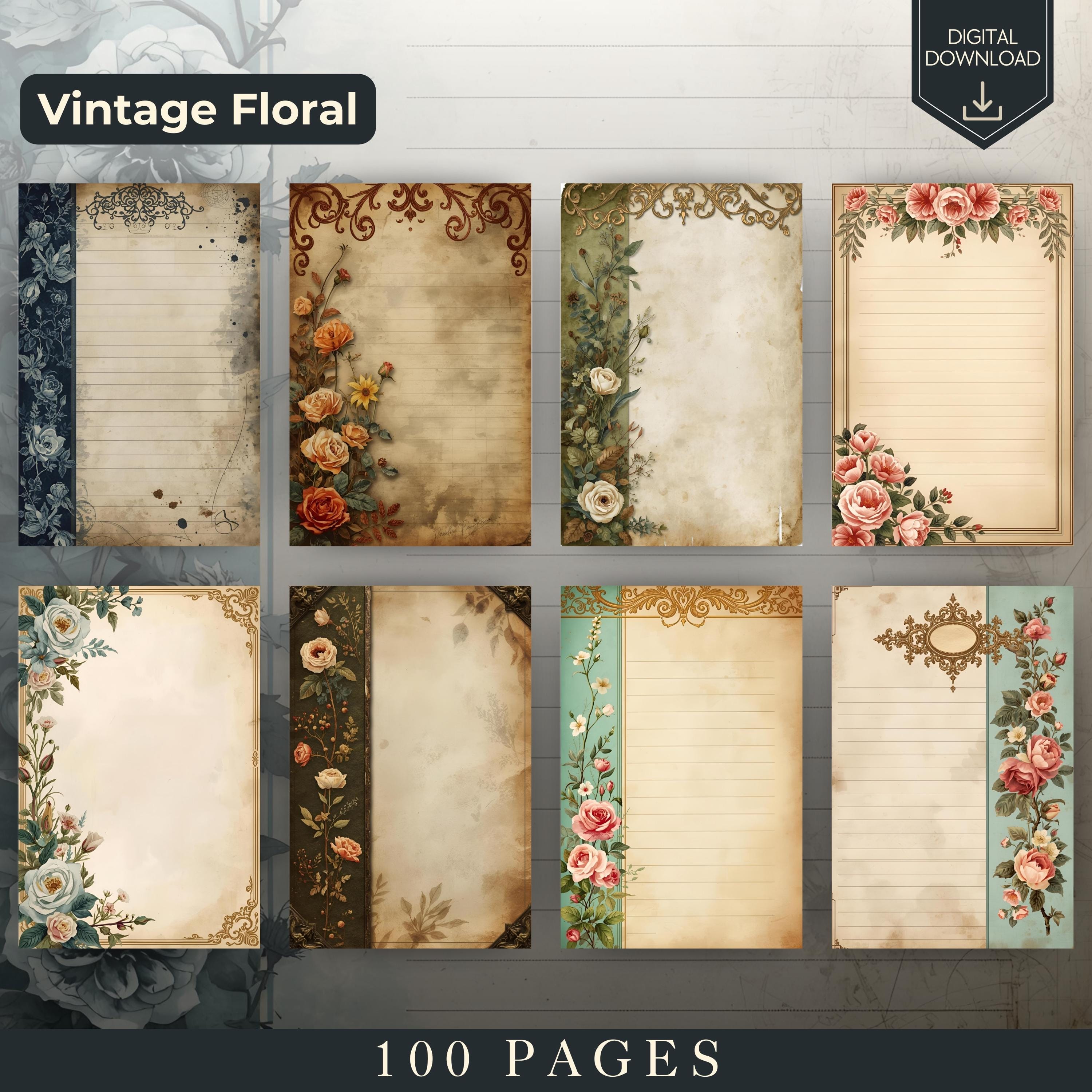 Vintage Floral Junk Journal Pages: Printable Lined Writing Paper ...