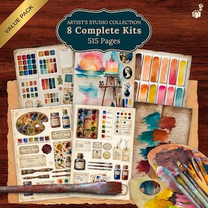 May include: An artist's studio collection value pack featuring 8 complete kits and 515 pages. The collection includes various sheets with watercolor swatches, vintage-style labels, paint bottles, brushes, and a wooden palette with paint.