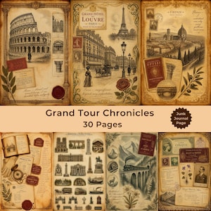 May include: A vintage-style journal with pages featuring illustrations of famous landmarks like the Eiffel Tower, the Colosseum, and the Uffizi Gallery. The journal is titled "Grand Tour Chronicles" with 30 pages, and includes stamps and handwritten notes.
