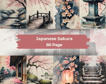 Kit per junk journal giapponese con fiori di ciliegio (Sakura), elementi decorativi vintage ad acquerello (80 pagine) (download digitale)