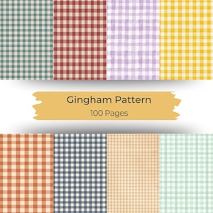 May include: A collection of gingham patterns in various colors, including teal, red, purple, and yellow. The image features a text overlay that reads "Gingham Pattern 100 Pages."