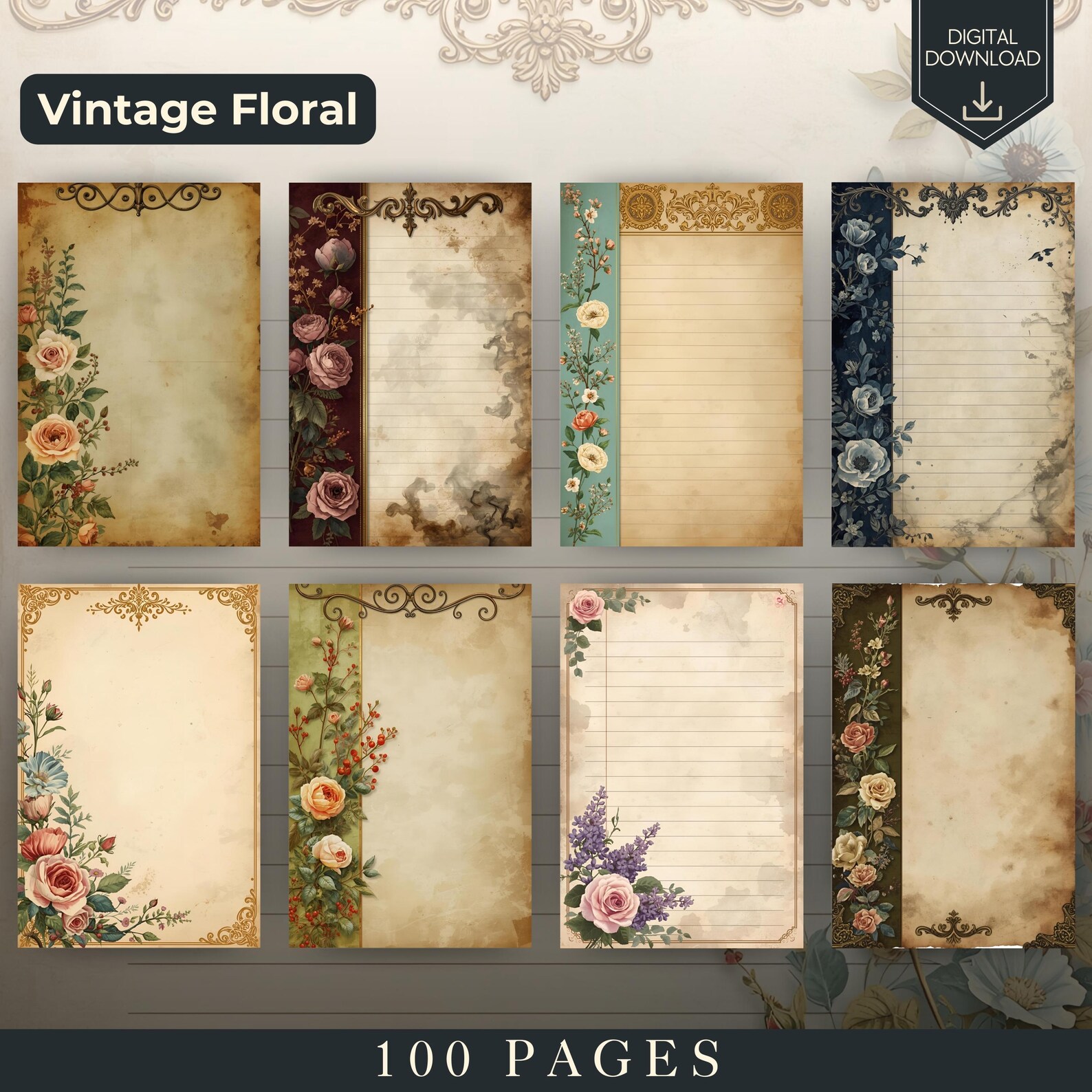 Vintage Floral Junk Journal Pages: Printable Lined Writing Paper ...