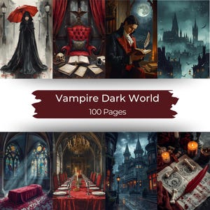 Può includere: Una collezione di stampe artistiche digitali a tema dark fantasy. Le immagini raffigurano vampiri, architetture gotiche e scene di un mondo misterioso. Il testo "Vampire Dark World" e "100 Pages" è visibile.