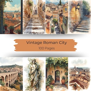 May include: Watercolor illustrations of a vintage Roman city. The images depict scenes of architecture, including stairways, buildings, and statues. The text "Vintage Roman City" and "100 Pages" are displayed on a brown banner.