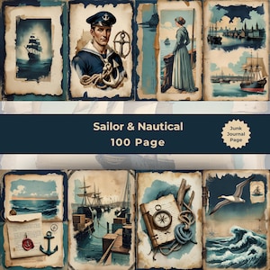 Pode incluir: Uma coleção de páginas de diário com tema náutico, apresentando ilustrações de um marinheiro, veleiros, uma pessoa olhando para o mar, uma bússola, cordas, âncoras e ondas do oceano. O texto Sailor & Nautical 100 Page está centralizado.
