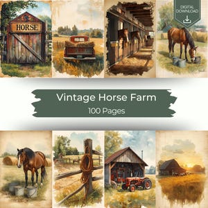 Puede incluir: Una colección de ilustraciones de estilo vintage con temática de granja de caballos. Las imágenes incluyen escenas de caballos en establos, un camión rojo, un granero y una puerta con la palabra "HORSE". También está presente el texto "Vintage Horse Farm 100 Pages".