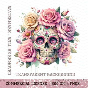 Floral Boho Schädel PNG, Pastell Rose Schädel Clipart, Zuckerschädel Sublimation, Papel Digital Pastell, Scrapbooking Schädel Digital PNG Day of Dead