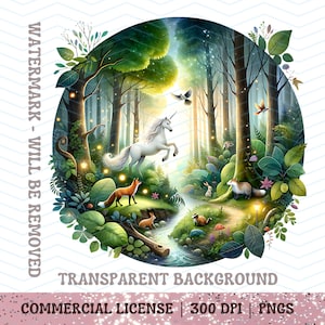 Eenhoorn bos scène PNG bos clipart landschap png magische natuur wildlife clipart transparant 300 dpi Fantasy grootbrengen witte eenhoorn png