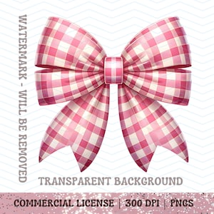 Pink Gingham Bow PNG Clipart for Sublimation, Watercolor Bright Pink Checkered Bow Design, Girly Baby Bow Clipart, Digital Download PNG