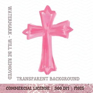 Puede incluir: Un diseño de cruz rosa acuarela con fondo transparente. La imagen incluye el texto "WATERMARK - WILL BE REMOVED", "TRANSPARENT BACKGROUND", "COMMERCIAL LICENSE", "300 DPI" y "PNGS".