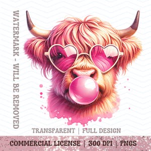 Highland Cow PNG Bubblegum Clipart, Pink glasses Coquette Watercolor Cow, Sublimation Design T Shirt design, Funny Wall Art Digital Download