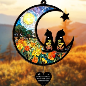 Personalized Cat Memorial Suncatcher, Custom Couple Pet on Moon, Loss of Pet Sympathy Gift