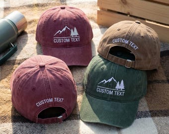 Custom Embroidered Mountain Hat, Personalized Nature Dad Cap, Outdoor Adventure Gift, Custom Text Forest Hat, Hiking Lover Gift
