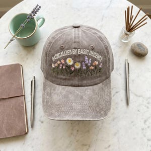 Embroidered Radicalized by Basic Decency Hat, Floral Kindness Washed Dad Cap, Social Justice Gift, Mental Health Awareness