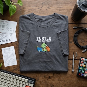 May include: Charcoal grey t-shirt featuring the words "TURTLE TECH SUPPORT" and a cartoon turtle using a computer. The shirt is folded on a wooden surface, alongside a keyboard, notes, and a travel mug.