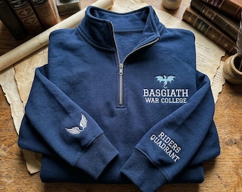 Embroidered Basgiath War College Quarter Zip, Fourth Wing Dragon Rider Pullover, Riders Quadrant Apparel, Fantasy Reader Gift, Bookish Top