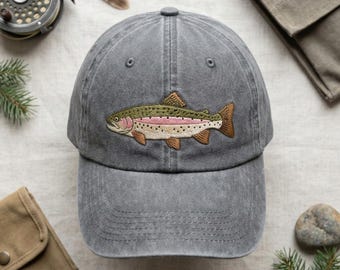 Realistic Rainbow Trout Embroidered Wash Dad Cap, Fly Fishing Hat, Nature Lover Trout Cap, Fish Embroidery Dad Hat, Fishing Lifestyle Gift