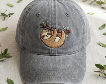 Embroidered Hanging Sloth Washed Dad Cap, Lazy Sloth Branch Hat, Cute Animal Headwear, Slow Down Sloth Cap, Nature Inspired Gift