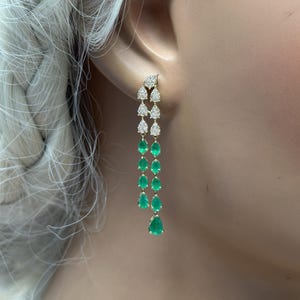Elegant Long Drop Earrings - Diamond Flower Top with Emerald Teardrop Dangles | Statement Chandelier | Bridal |  14k Yellow Gold All Natural