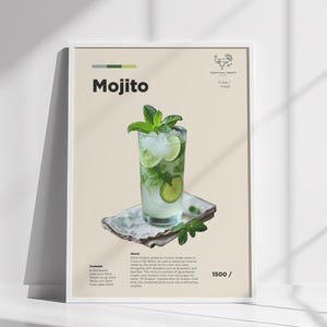 Póster de cóctel mojito, arte mural con bebida de menta fresca, impresión decorativa para bar, idea de regalo para bar en casa, receta de bebida de menta fresca y lima, decoración de cocina.