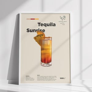 Póster de cóctel Tequila Sunrise, arte mural colorido para bar, receta de bebida Sunrise, arte de cocina, idea de regalo para bar en casa, póster de bar, gif de mixología.