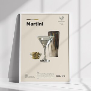 Póster de cóctel Martini, arte mural de cócteles clásicos, regalo para amantes de los cócteles, receta de ginebra y vermú, decoración de bar para el hogar, obra de arte de mixología.