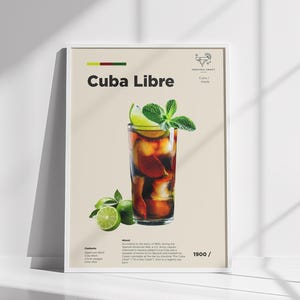 Póster de cóctel Cuba Libre, receta de bebida de ron y cola, decoración de pared de bar, obra de arte de cocina de mixología, impresión de pared con receta de bebida cubana, arte para el hogar.