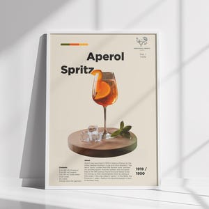 Póster de cóctel Aperol Spritz, receta de bebida italiana, impresión de naranja Prosecco, decoración de pared de bar, decoración de bar o cocina, idea de regalo de mixología.