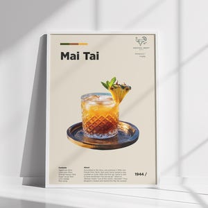 Mai Tai Cocktail Poster, klassisches Tiki-Cocktailrezept, Sommer-Wandkunst, Hawaiianisches tropisches Mixologie-Geschenk, Bar- oder Küchendekor, Insel,