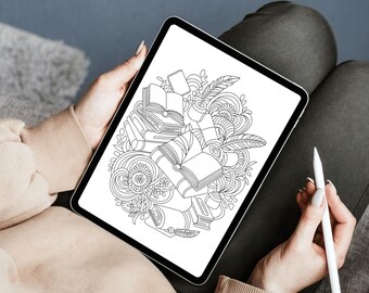 May include: A digital tablet showing a black and white coloring book page with open books and floral designs. The text "Digital ONLY!" is at the top. A stylus is held in the right hand.