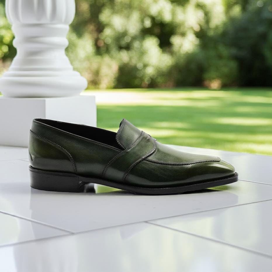 Handmade Green Leather Penny Loafers - Men display picture 1