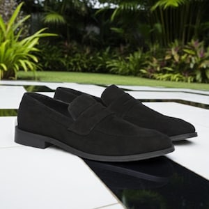 Men&#39;s Black Suede Penny Loafer Slip on Leather Shoes Handmade Leather Dress Shoes