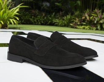 Mocasines de ante negro hechos a mano: zapatos de vestir de cuero para hombre