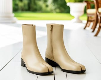 Handmade Leather Beige Tabi Boots for Women - Split Toe Japanese Style Ankle Boots