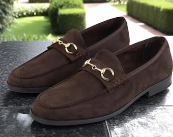 Handmade Brown Suede Horsebit Loafers: Men's Leather Slip-On Shoes