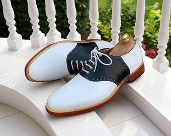 Handmade Leather Oxford Saddle Shoes for Men: Vintage Two-Tone Dress Shoes