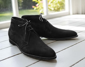 Botas Chukka de ante negro hechas a mano para hombre, botines de cuero