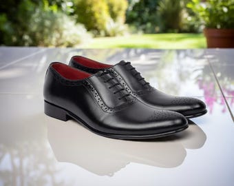 Handmade Black Leather Oxford Dress Shoes for Men: Brogue Toe Formal Shoes