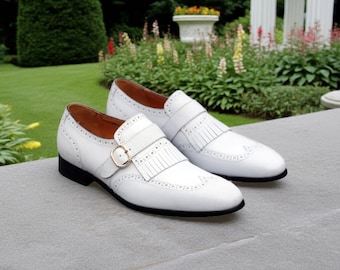 White Leather Fringe Brogue Shoes for Men: Wingtip Dress Shoes