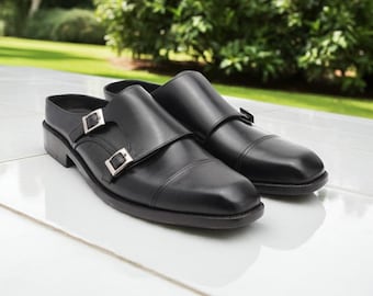 Men’s Black Leather Clogs – Handmade Double Monk Strap Slip-On Loafers – Backless Leather Slippers
