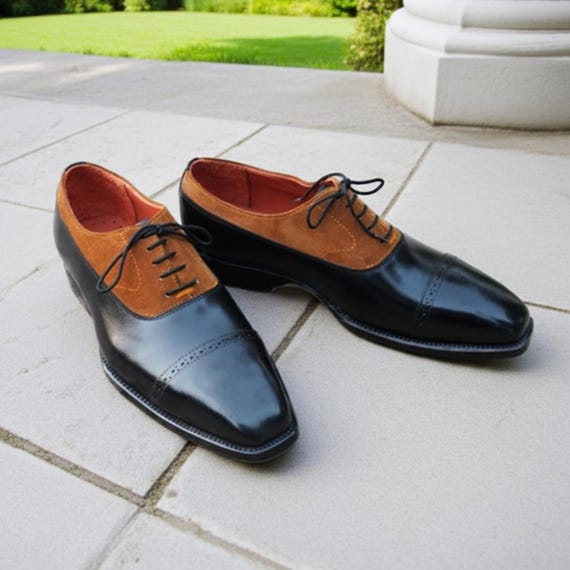 Handmade Tan Suede and Black Leather Oxford Shoes - Men