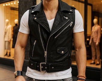 Chaleco de cuero negro para motociclistas para hombre – Chaleco de motociclista hecho a mano para club de motociclistas, chaqueta de motociclista sin mangas