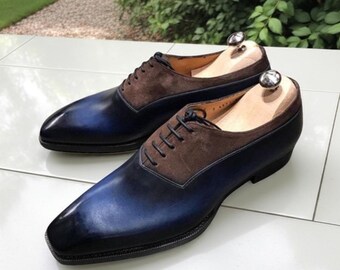 Handmade Brown Suede & Navy Blue Patina Oxford Dress Shoes for Men Designer Shoes