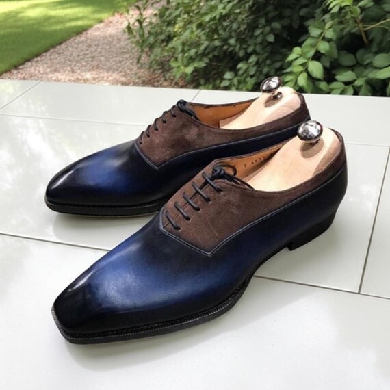 Handmade Brown Suede & Navy Blue Patina Oxford Dress Shoes for Men Designer Shoes