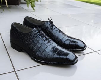 Handmade Alligator Embossed Leather Oxford Shoes for Men: Black Wholecut Dress Shoes