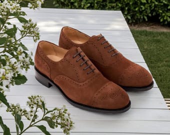 Oxford Lace Up Formal Dress Shoes - Tan Brown Suede Cap Toe Brogue Shoes