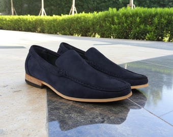 Blue Suede Slip on Loafers: Handmade Leather Moccasins, Men's Fashion Party Shoes